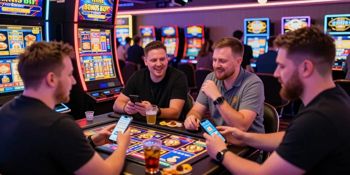 UK players enjoying Bonus Buy Slots at a lively casino, featuring colorful slot machines and vibrant atmosphere at https://ampika.co.uk/.