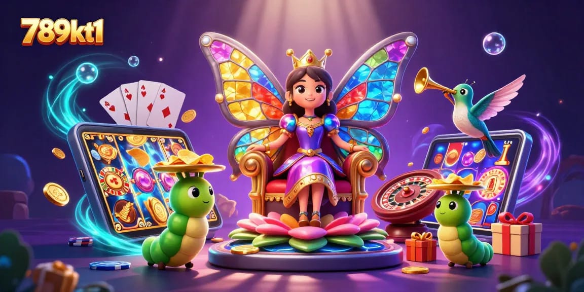Experience vibrant gaming excitement with 789kt1's colorful slots and casino elements in 3D illustration.