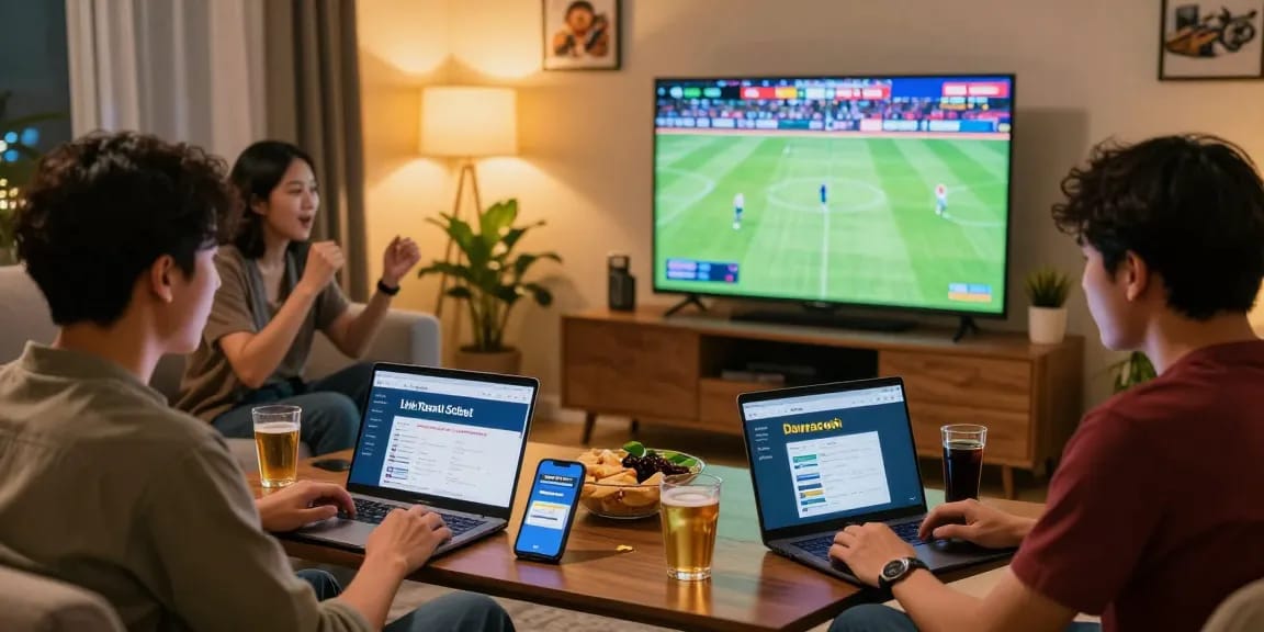 Excited group watching sports and placing bets on Link Resmi Sbobet Dewacash in a cozy living room.