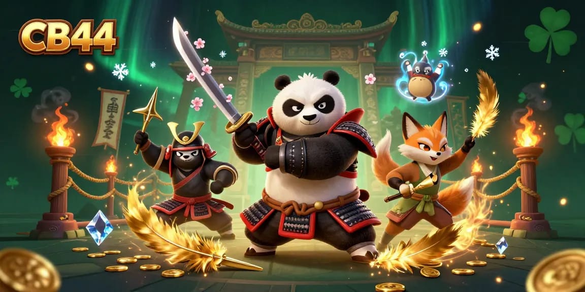 Engage in thrilling gameplay at CB44 with our vibrant 3D samurai panda and ninja fox casino scene.