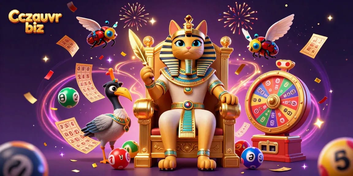 Experience lottery thrills with Cczauvr biz as an Egyptian pharaoh cat leads the fun!