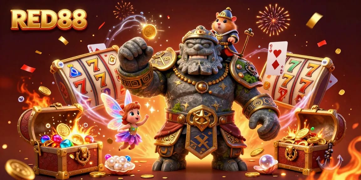 Experience the excitement of RED88 with vibrant casino action, featuring a lively golem guardian and magical characters.