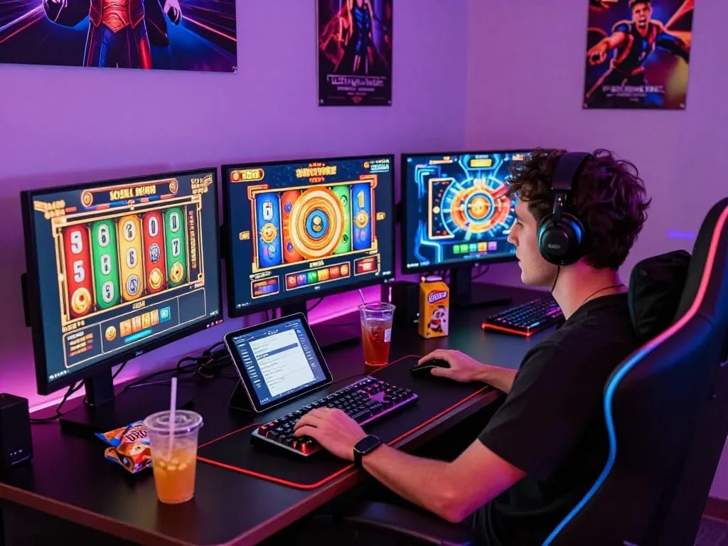 Player engaged in a slot game on a high-end gaming setup, immersed in excitement.