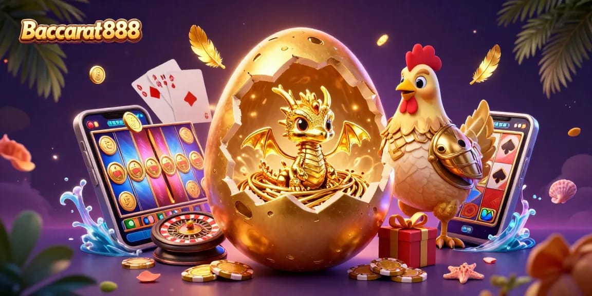 Baccarat888 features a golden dragon and poker chips, set in a vibrant casino scene.