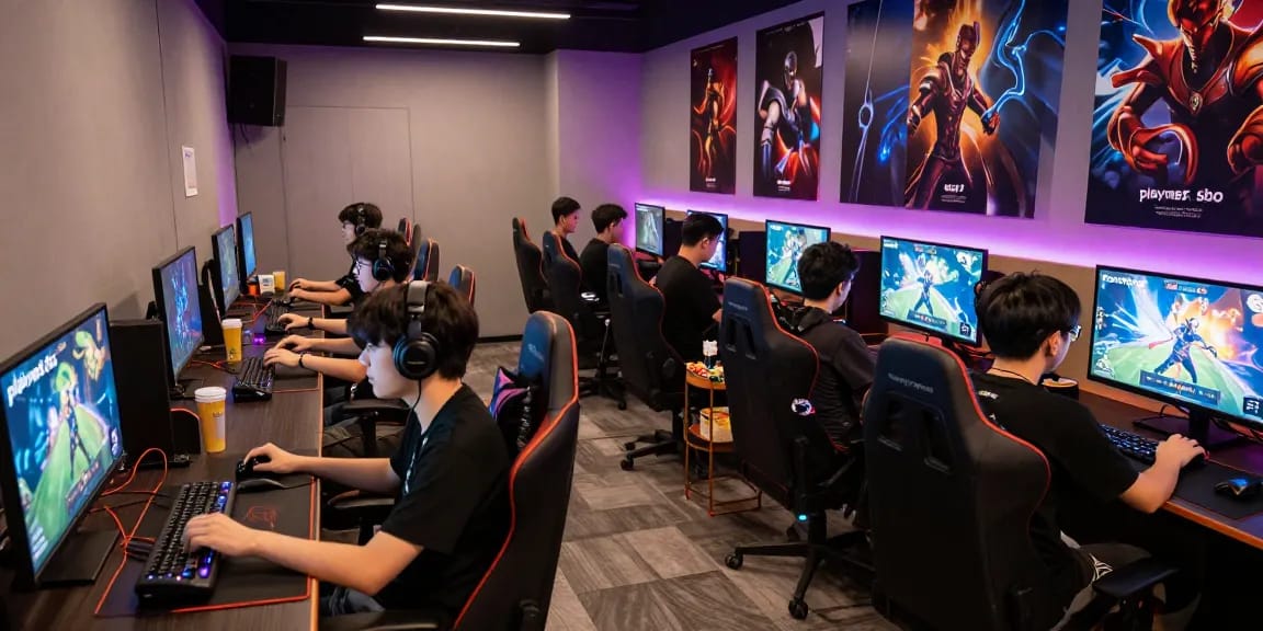 ผู้เล่น playme8 sbo ที่นั่งในเลาน์จเกมส์ที่ทันสมัย, มีจอภาพหลายจอแสดงกราฟิกสีสันสดใส