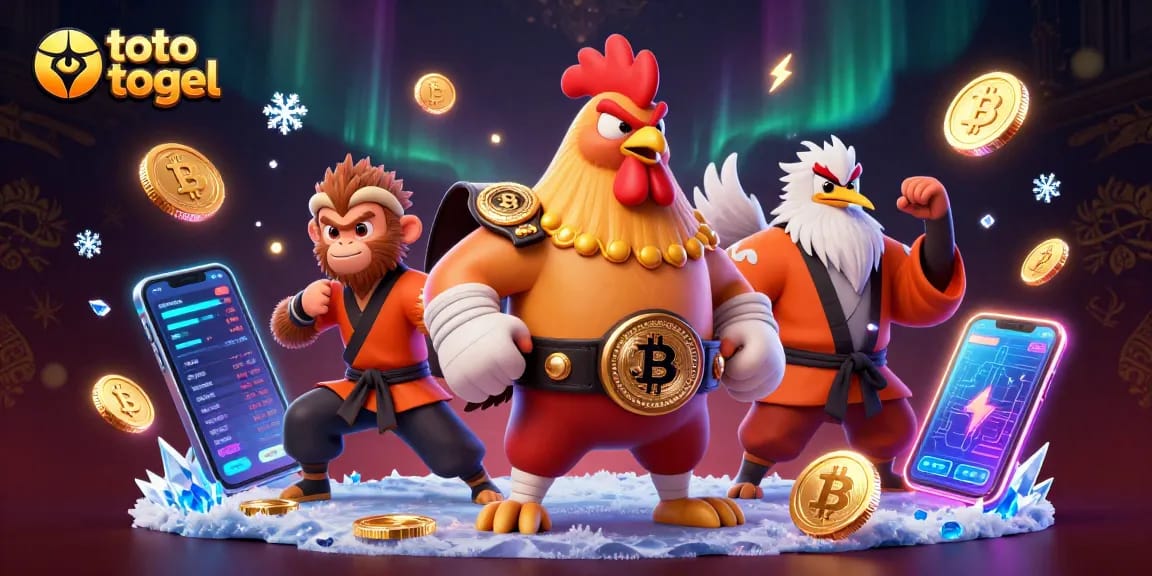 Engage in toto togel with thrilling characters and vibrant crypto elements in a dynamic casino scene.