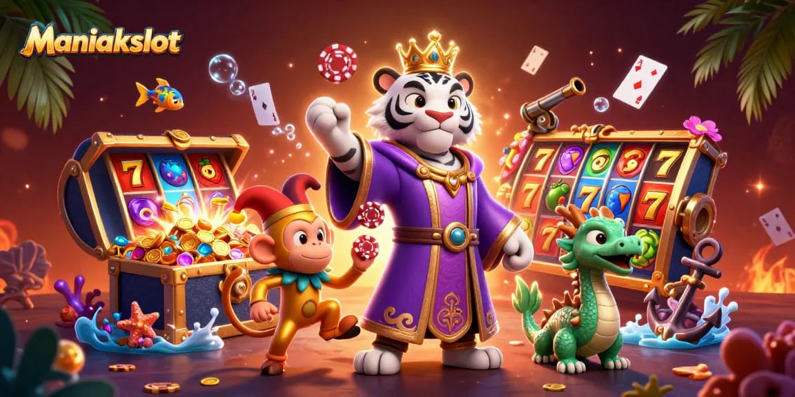 Spin the reels with Maniakslot's vibrant casino scene featuring lively characters and gold treasures.