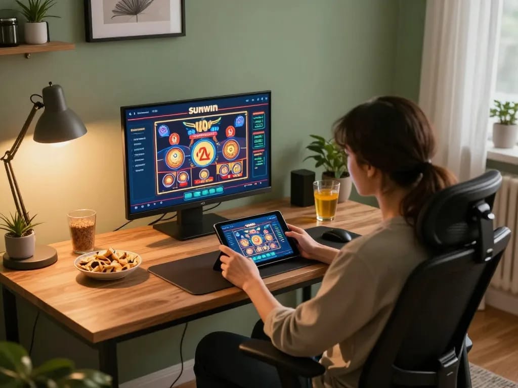 Engaging user plays Sunwin casino app on tablet during a cozy home gaming session.