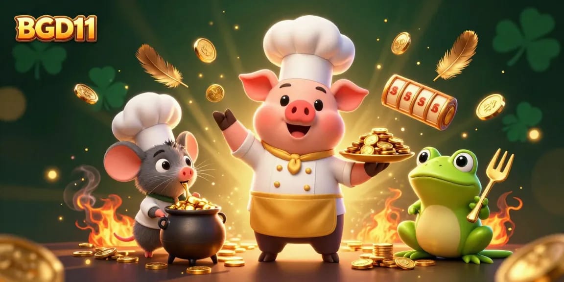 BGD11 offers an immersive casino experience featuring a chef pig and gold coins amidst dynamic gaming elements.