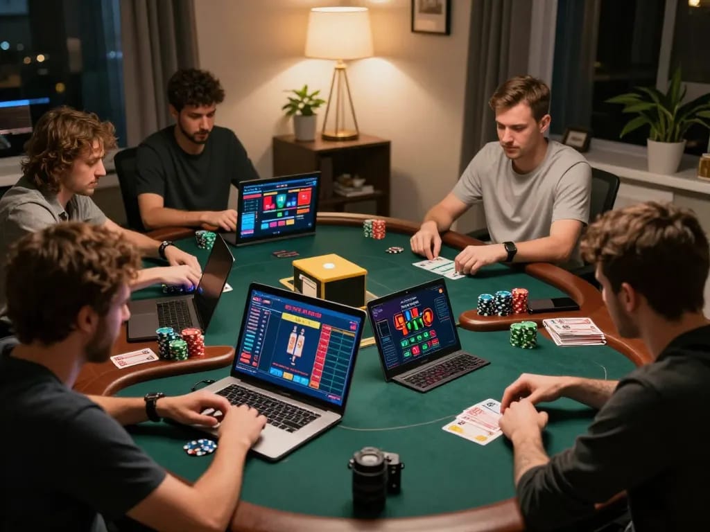 SKY88 online poker tournament with players focused on gameplay in a cozy home office