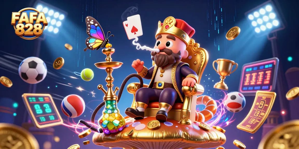 FAFA 828 showcases a vibrant 3D casino illustration featuring a caterpillar master, poker symbols, and dynamic sports elements.