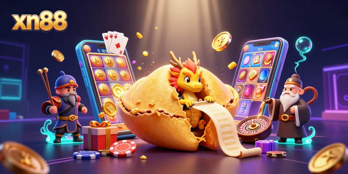 Engage with xn88’s exciting gaming world featuring a golden fortune cookie and dynamic casino elements.