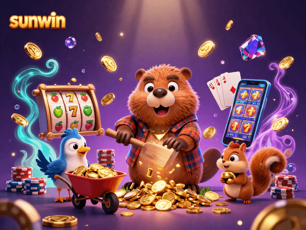 Unlock winnings with Sunwin in a dynamic scene of a beaver and companions amidst cascading coins.