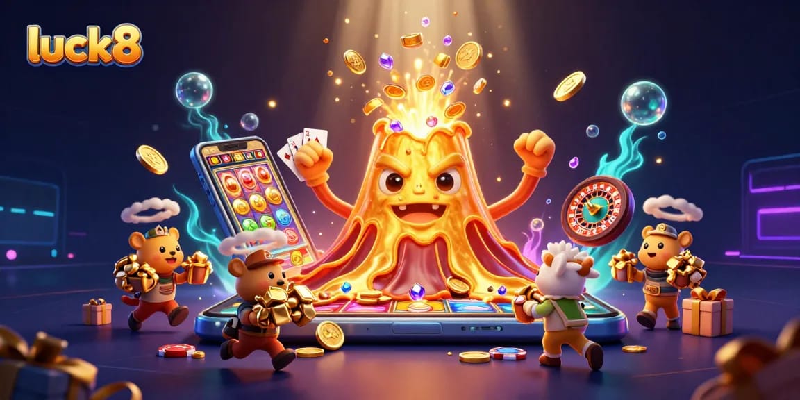Catch the excitement of luck8 with a golden volcano erupting coins in this vibrant casino scene.