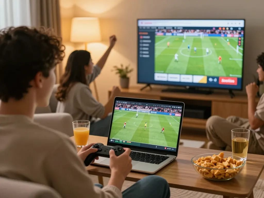 Watch Socolive live football streaming with friends in a lively home setup.