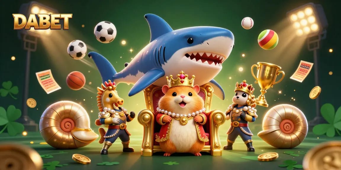DABET features a dynamic casino scene with a golden hamster king and sports elements.