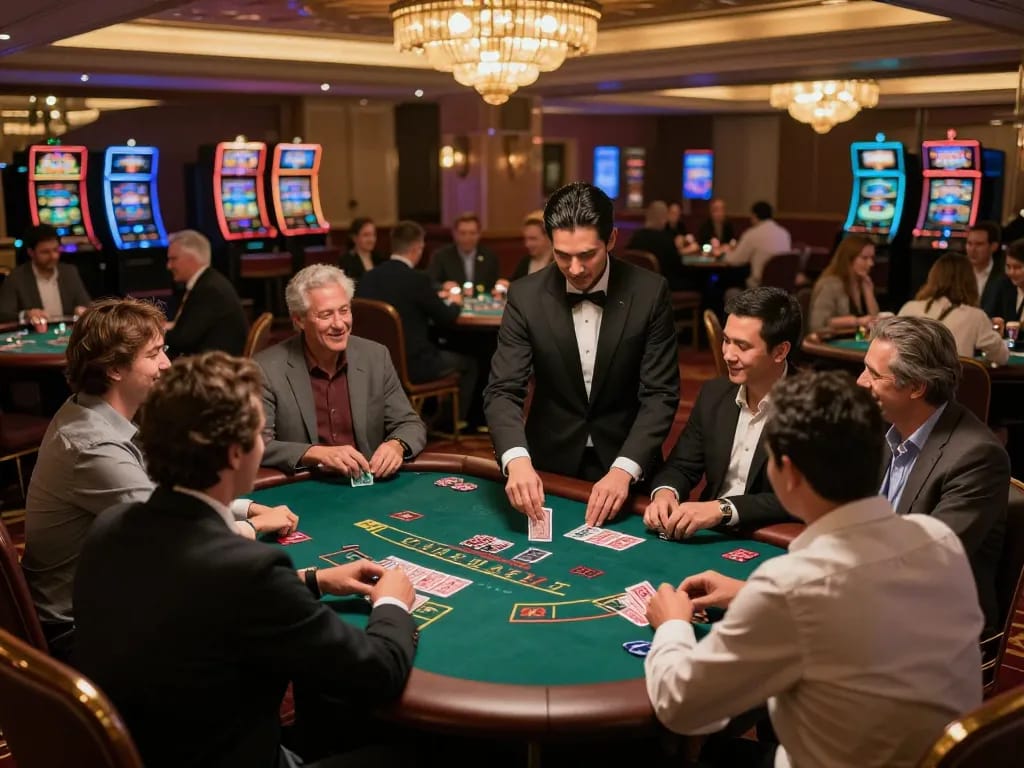 Players enjoying a vibrant blackjack game at a luxurious casino, showcasing 123bmvp's gaming experience.