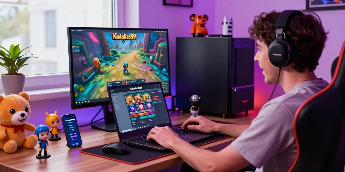 Kudaliar89: Pemain menikmati pengalaman bermain slot di laptop dengan dekorasi gaming menarik.
