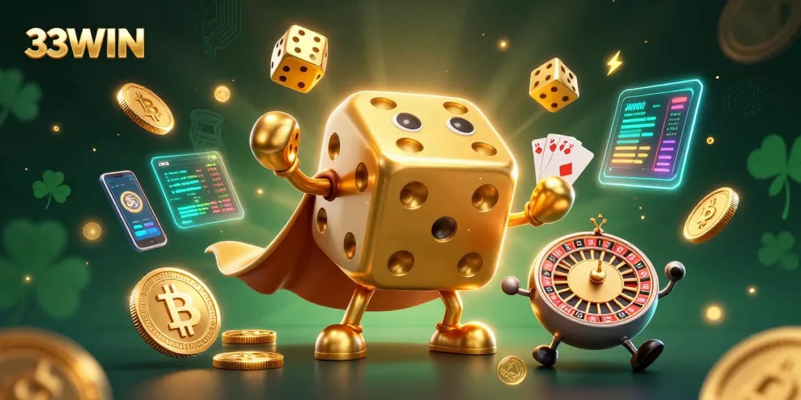 Engage in thrilling gameplay with 33WIN's vibrant 3D casino illustration showcasing dice, crypto coins, and dynamic game elements.