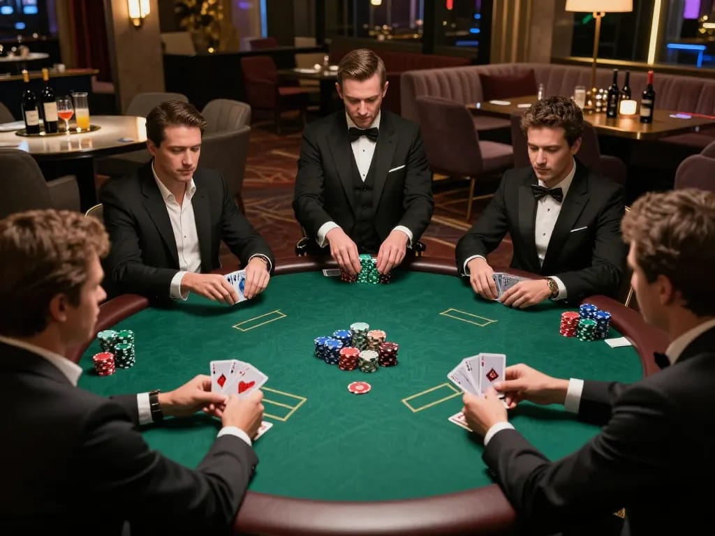 Intense poker gameplay action at cm88 casino, with players at a green felt table.