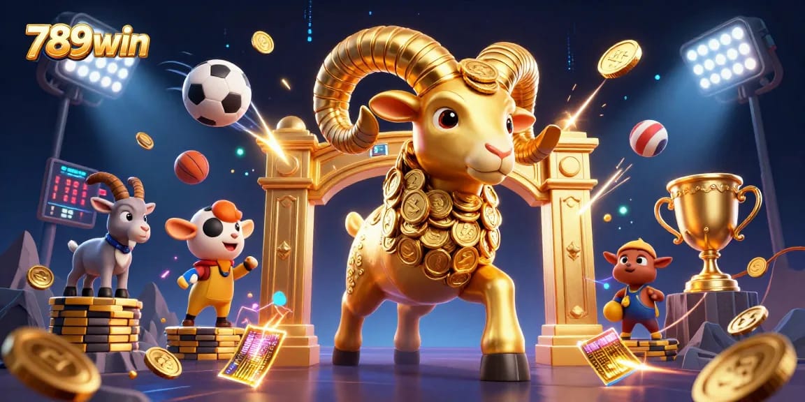 Experience thrilling gameplay at 789win with dynamic 3D illustrations of a golden ram and vibrant sports elements.