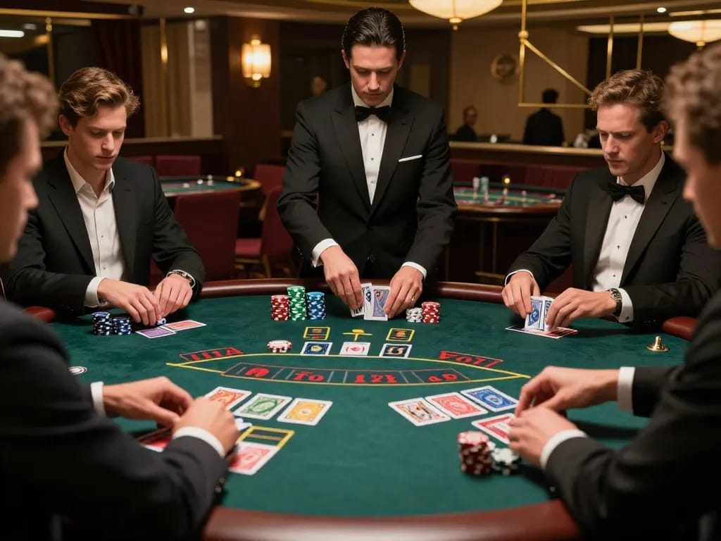 Permainan yang menarik di meja blackjack di kasino mewah, menampilkan taruhan strategis dan pengocokan kartu.