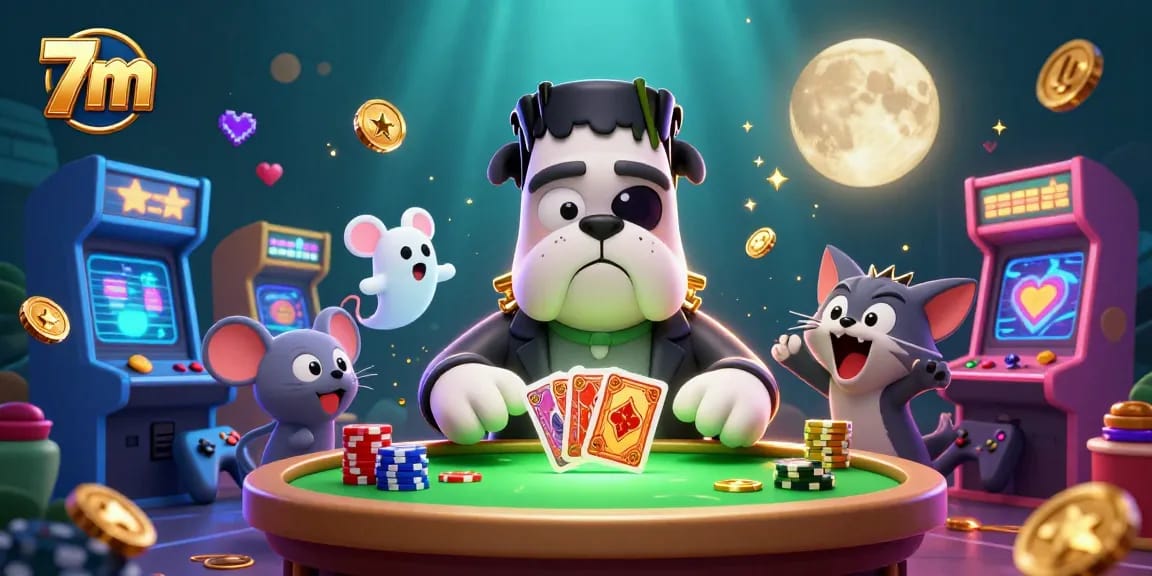 Experience thrilling gameplay at 7m casino with cartoon characters like Frankenstein's bulldog!