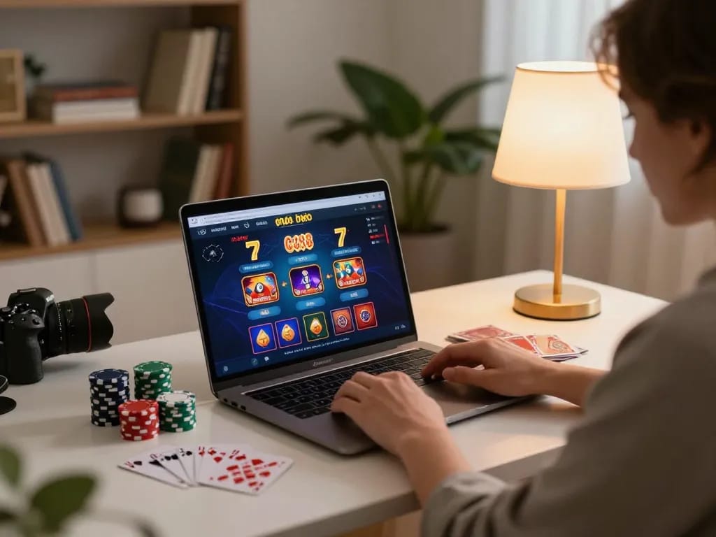 Engaging online gaming session at nhà cái GG88 with vibrant casino interface in cozy home setup