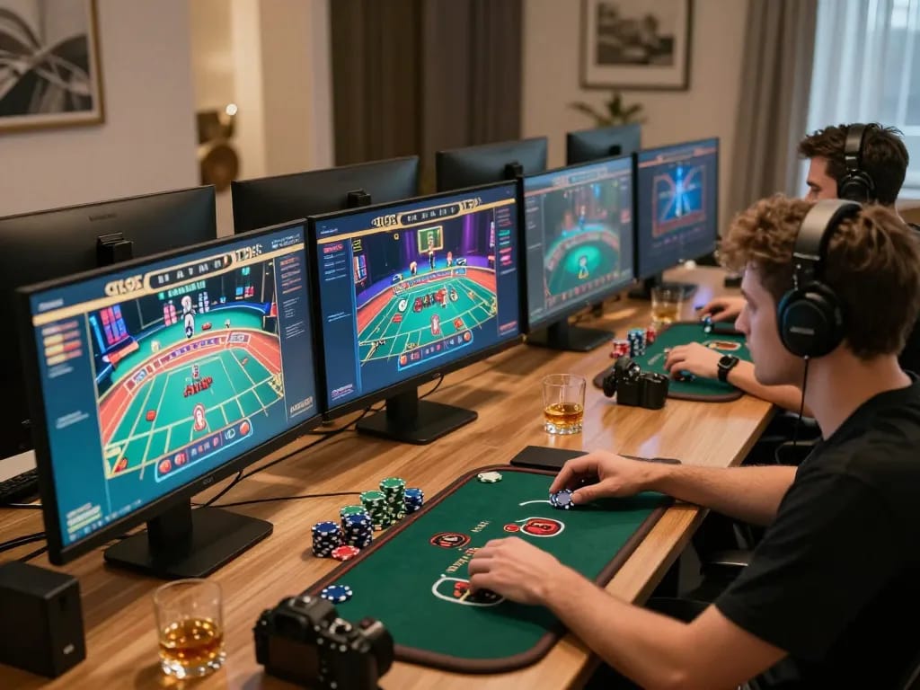 Engaging in strategic online gameplay at Go99 casino setup, with multiple game screens and focused atmosphere.
