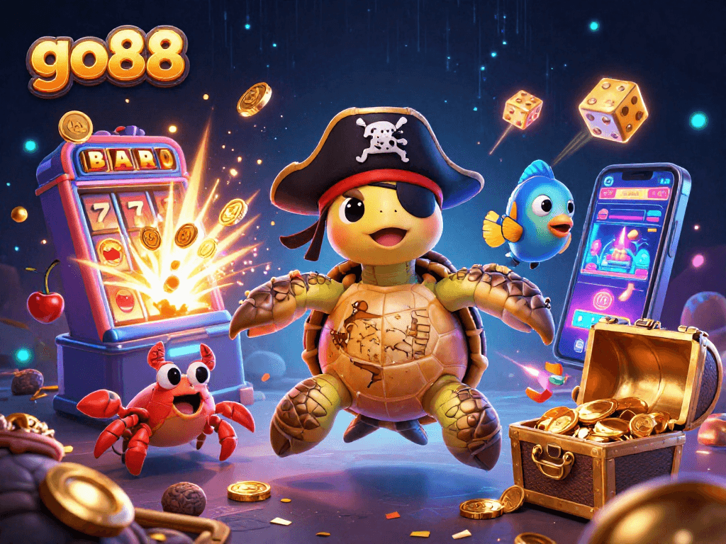 Capture the excitement at go88 with a cartoonish adventure of a pirate turtle, gold, and jackpot elements.