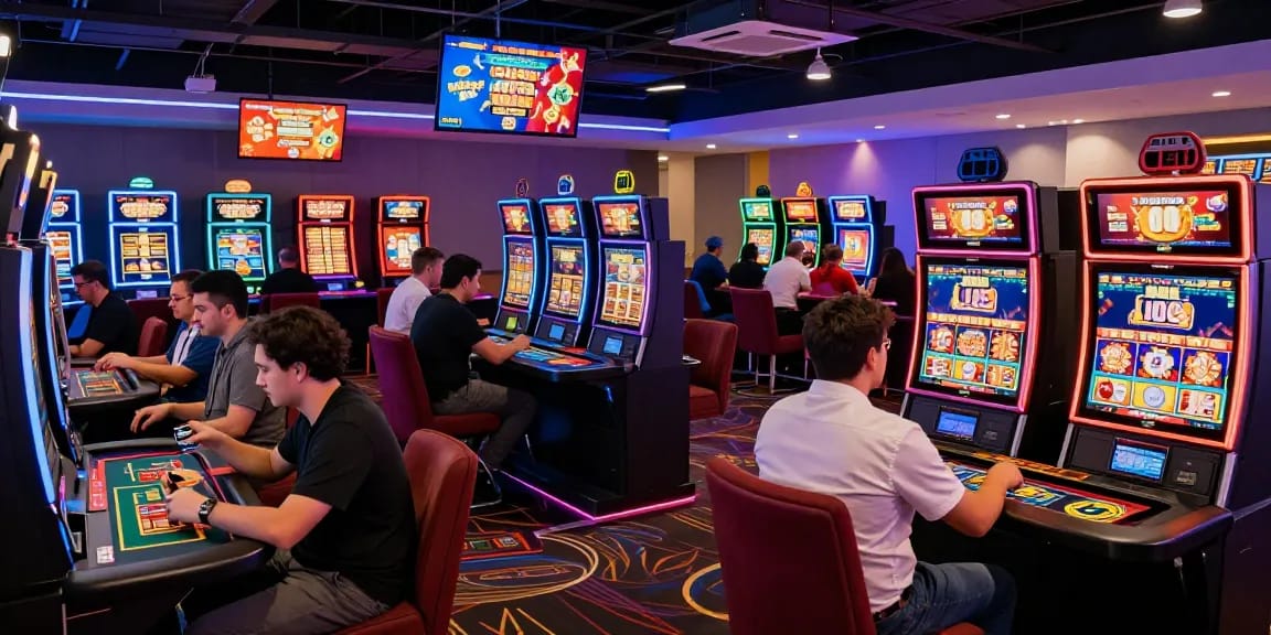 The lively atmosphere at https://chps.org.uk/ credit card casinos, featuring players engaged in various games with colorful neon lights, showcasing promotions and excitement.