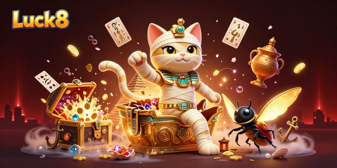 Experience the thrills of Luck8 with a vibrant casino scene showcasing a mummy cat and treasures!