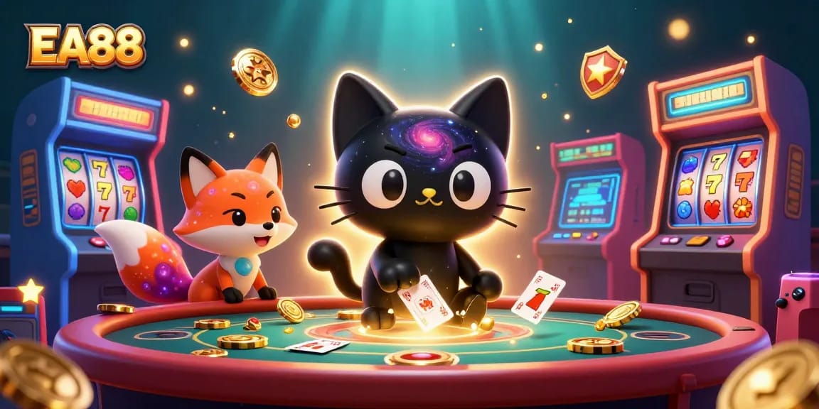 Engage in EA88's cosmic casino adventure, where golden chips and vibrant game elements collide.