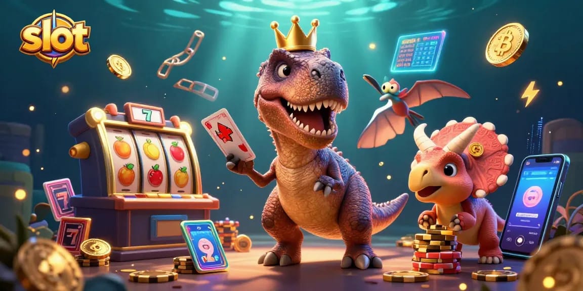 Engage with the exciting slot games featuring a T-Rex, pterodactyl, and triceratops in a vibrant casino setting.