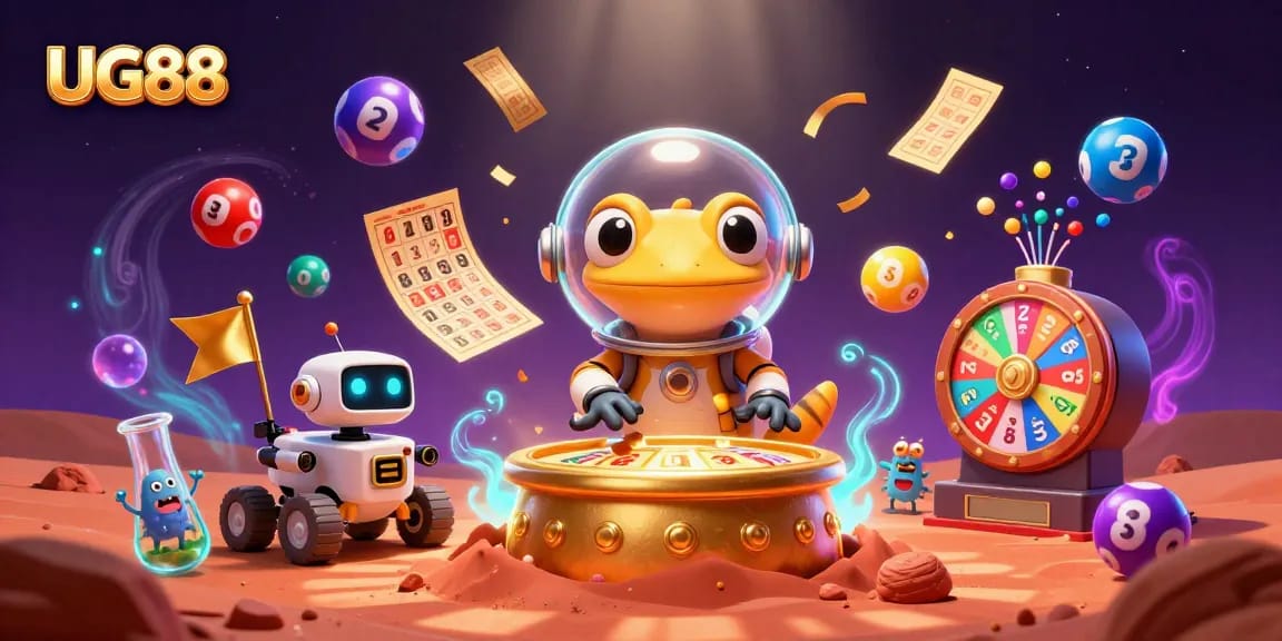 Experience the excitement of UG88, where Martian gecko explores a golden casino amidst vivid lottery elements.