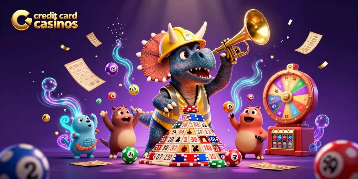 Experience excitement at credit card casinos with lively gaming action, featuring a triceratops and a parasaurolophus.