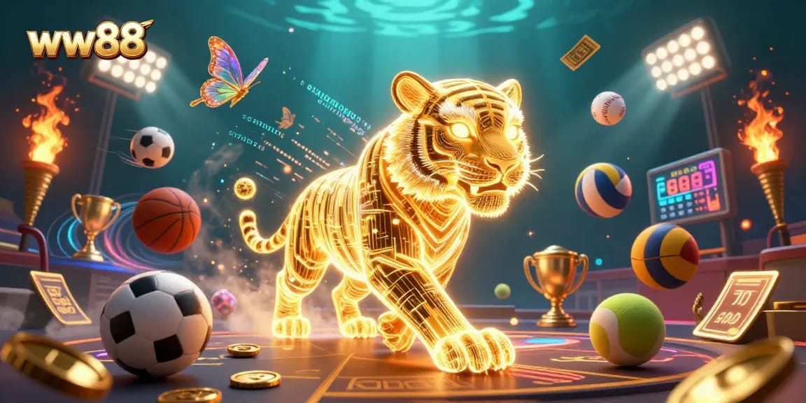 Engage in thrilling gameplay at WW88 with the dynamic 3D golden tiger and sports elements.