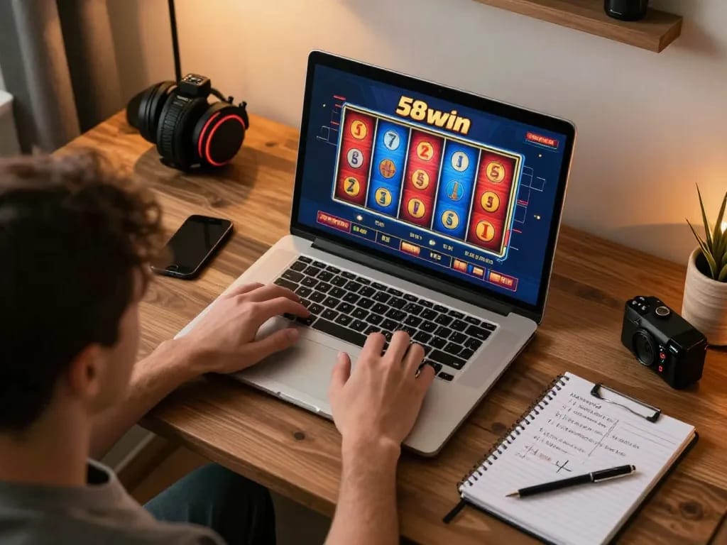 Engaging player using 58win on laptop to spin colorful slot reels in a cozy home office.