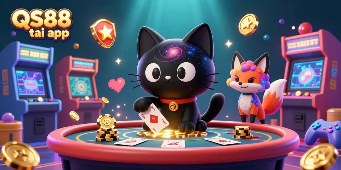 Engage with the QS88 tai app at a cosmic casino, featuring vibrant characters and game elements.