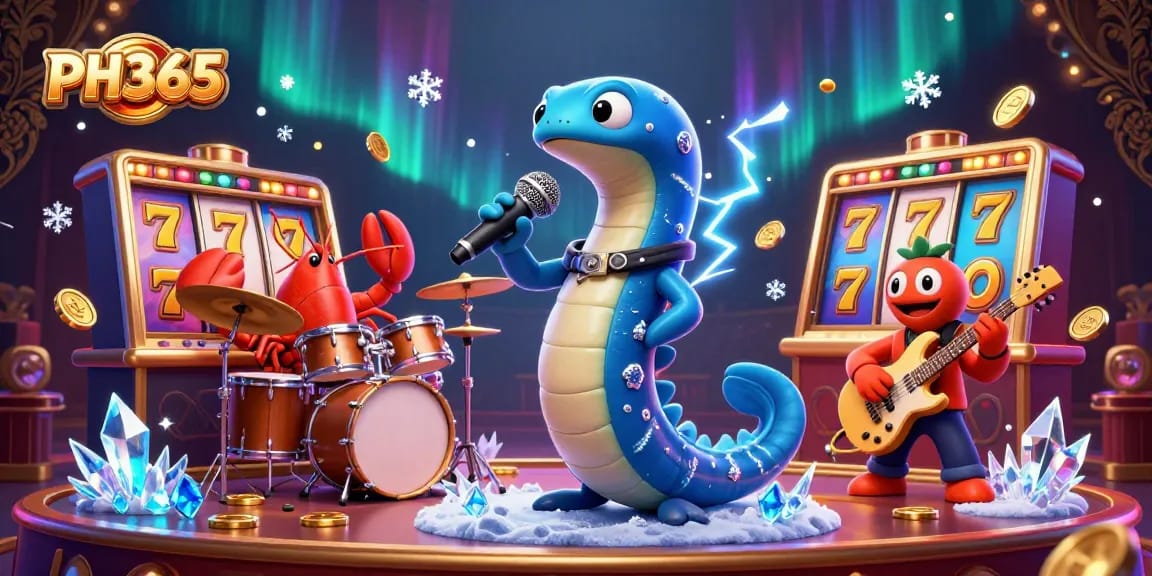 Illustration of PH365 featuring an electric eel DJ, backed by a lobster drummer and a seahorse guitarist in a dynamic underwater casino.