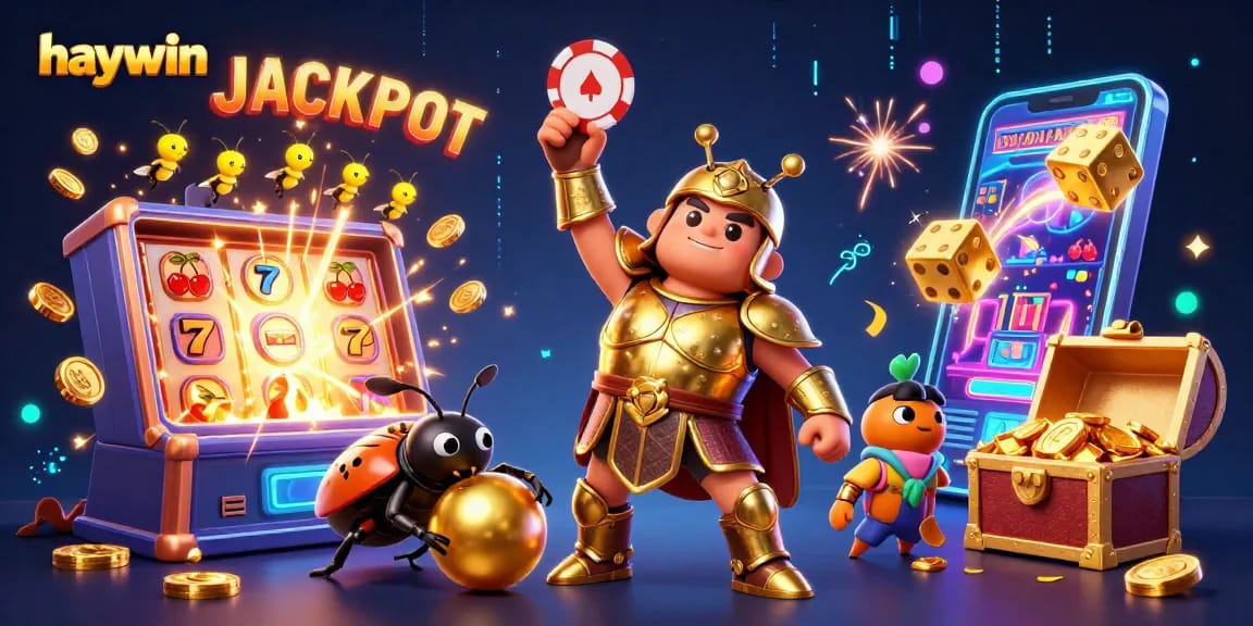 Experience haywin's thrilling jackpot with a victorious hercules beetle and golden gaming elements.