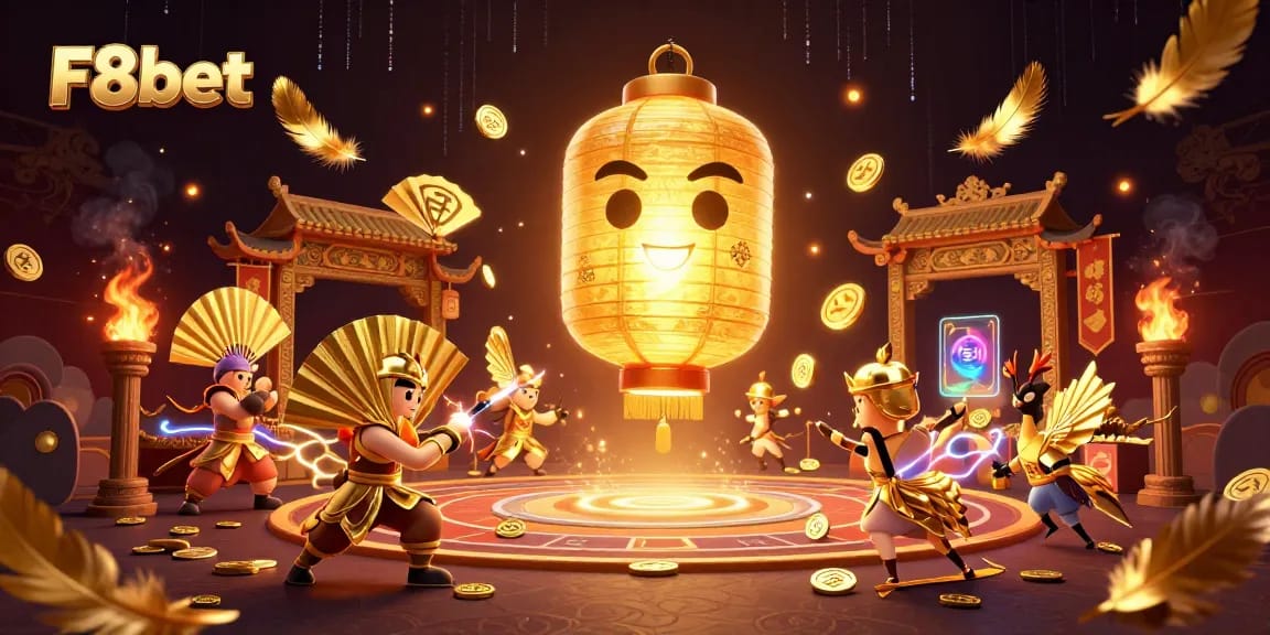 Experience F8bet's vibrant gaming world with a magical lantern spirit guiding players to rich rewards.