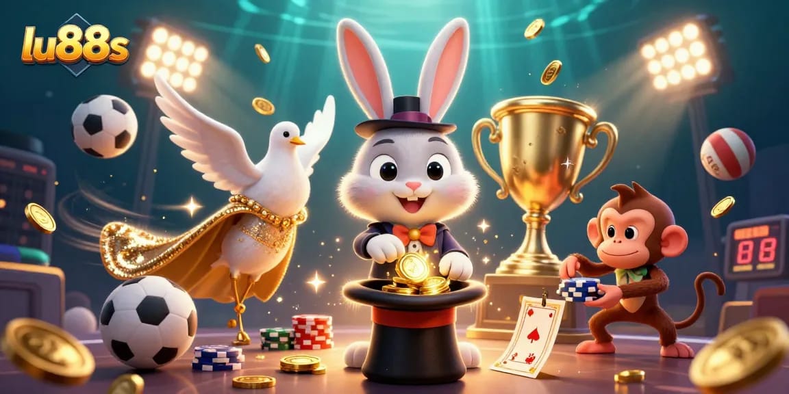 Engaging scene showcasing lu88s with a magician rabbit and characters amidst dynamic sports betting elements.