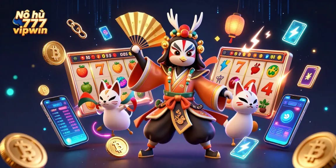Nổ hũ 777 vipwin offers a thrilling scene with kabuki warrior and crypto elements in a vibrant casino setting.