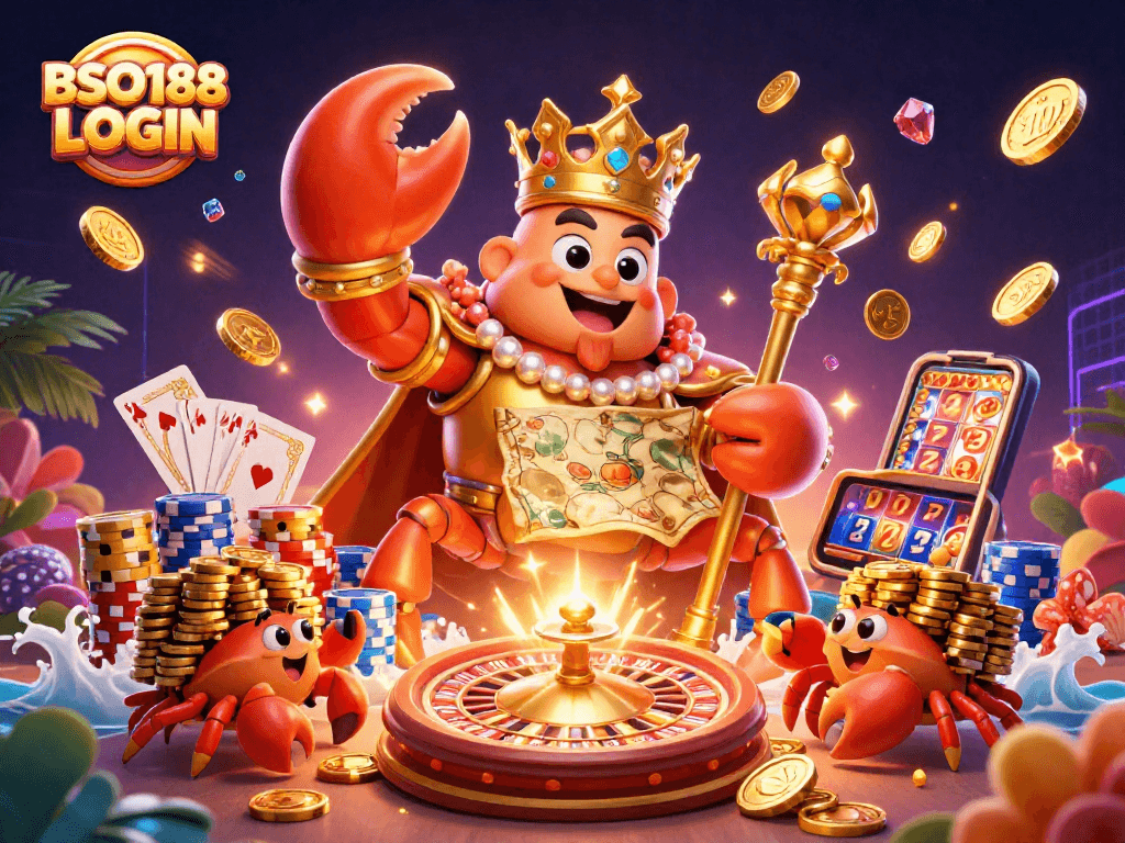 Engaging depiction of BSO188 LOGIN with a golden crab emperor amidst casino elements, showcasing excitement and strategy.