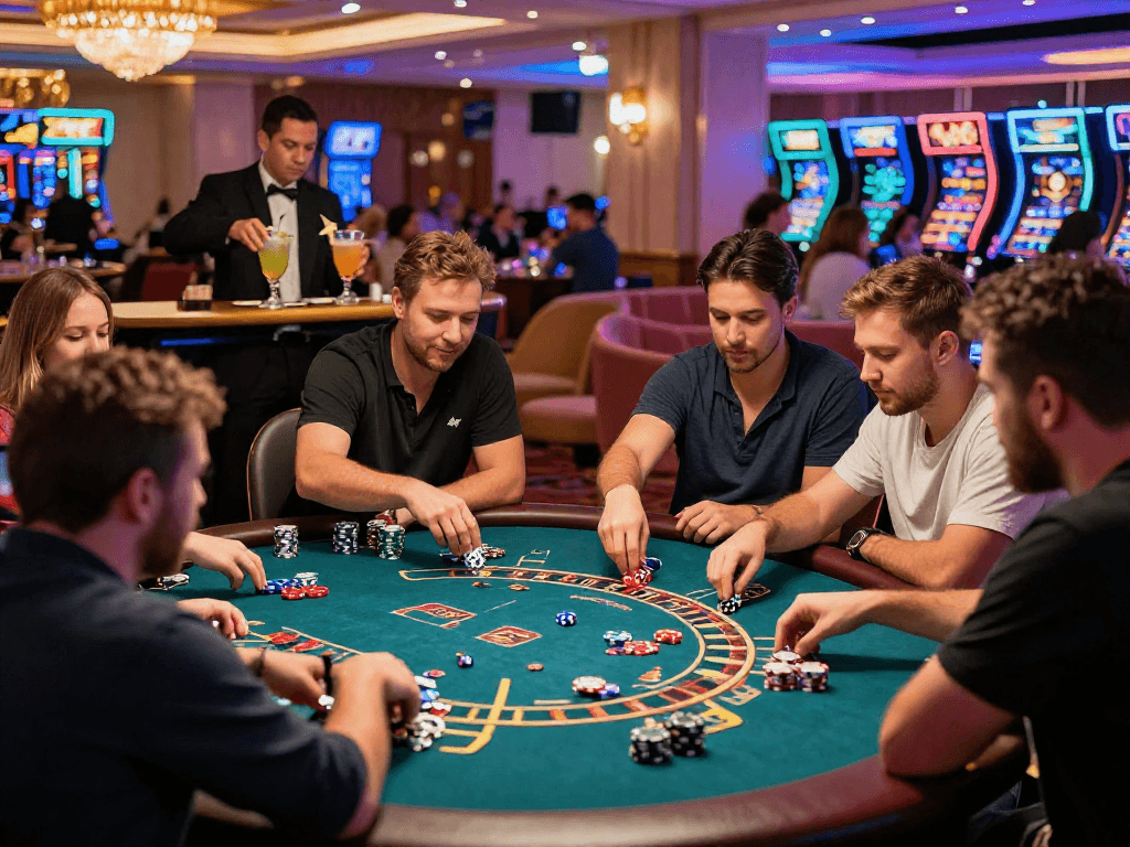 Giocatori entusiasti in un casino non AAMS, immersi nel gioco e circondati da luci brillanti.