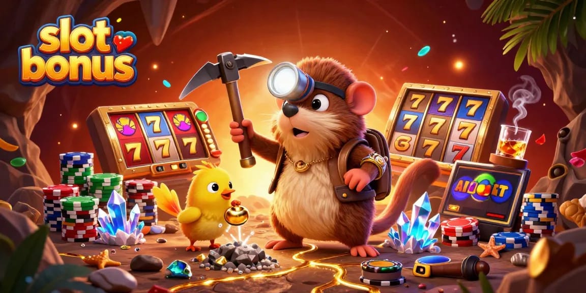 Experience an exciting slot bonus adventure with a treasure hunter in a vivid casino scene.