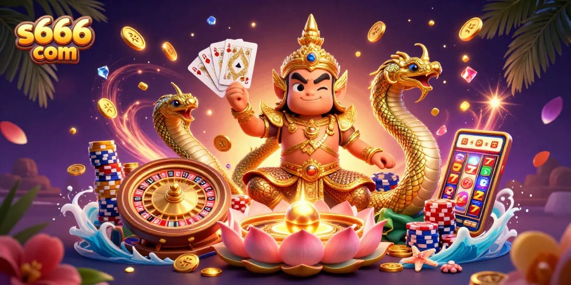 Experience excitement at s666 com with animated casino action featuring a golden guardian and gaming elements.