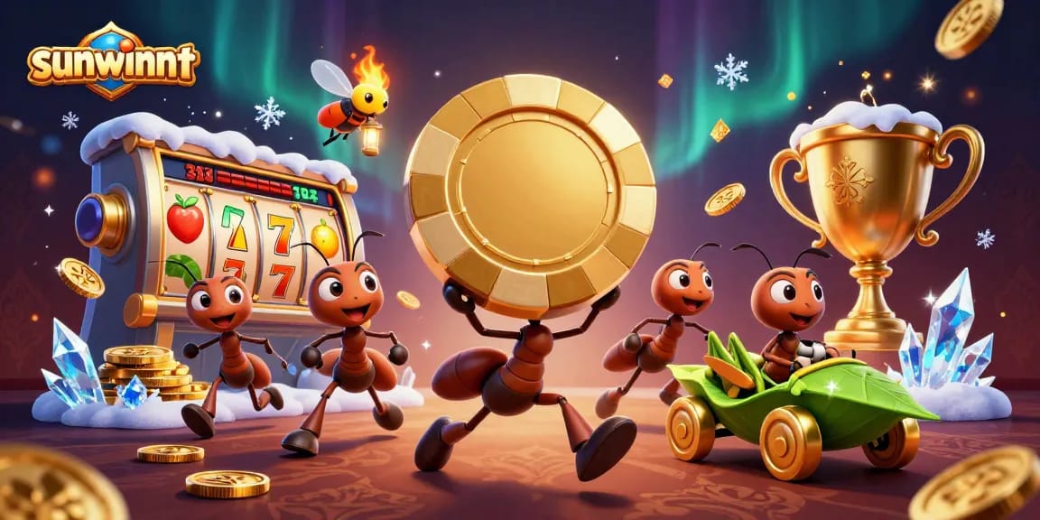 Experience sunwinnt's thrilling heist featuring ants, poker chips, and slot reels in vibrant 3D.