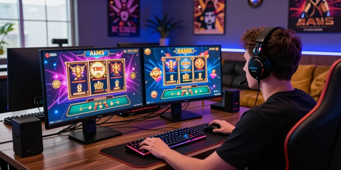 Atmosfera dei casinò non AAMS sicuri con un giocatore che si diverte con il gioco online vivace in un setup moderno.